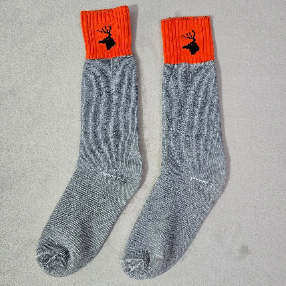 Hunting Boot Socks Mens Gray Marl Blaze Orange Deer Head Crew Length Vintage